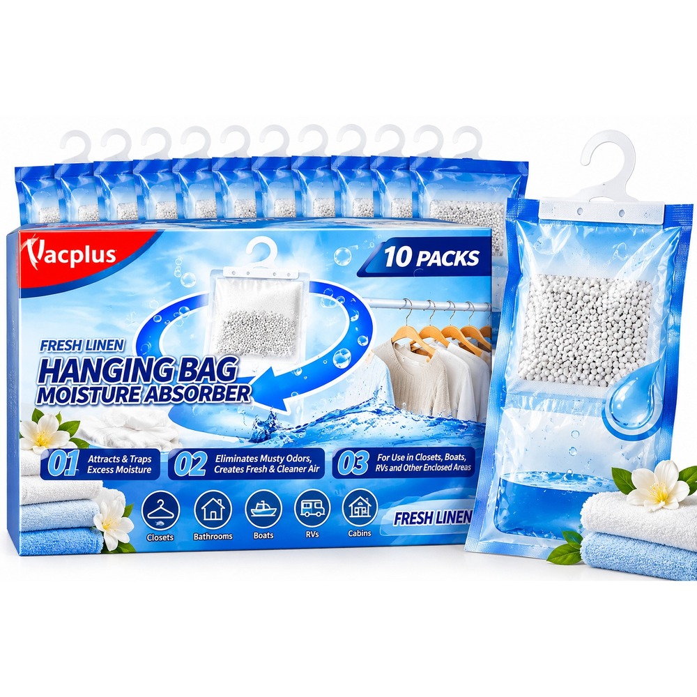 Vacplus Hanging Moisture Absorber Bags Fresh Linen 10 Pack 230g Closet RV